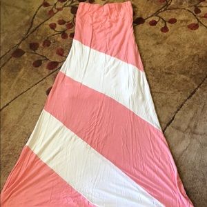 Pink and white strapless maxi